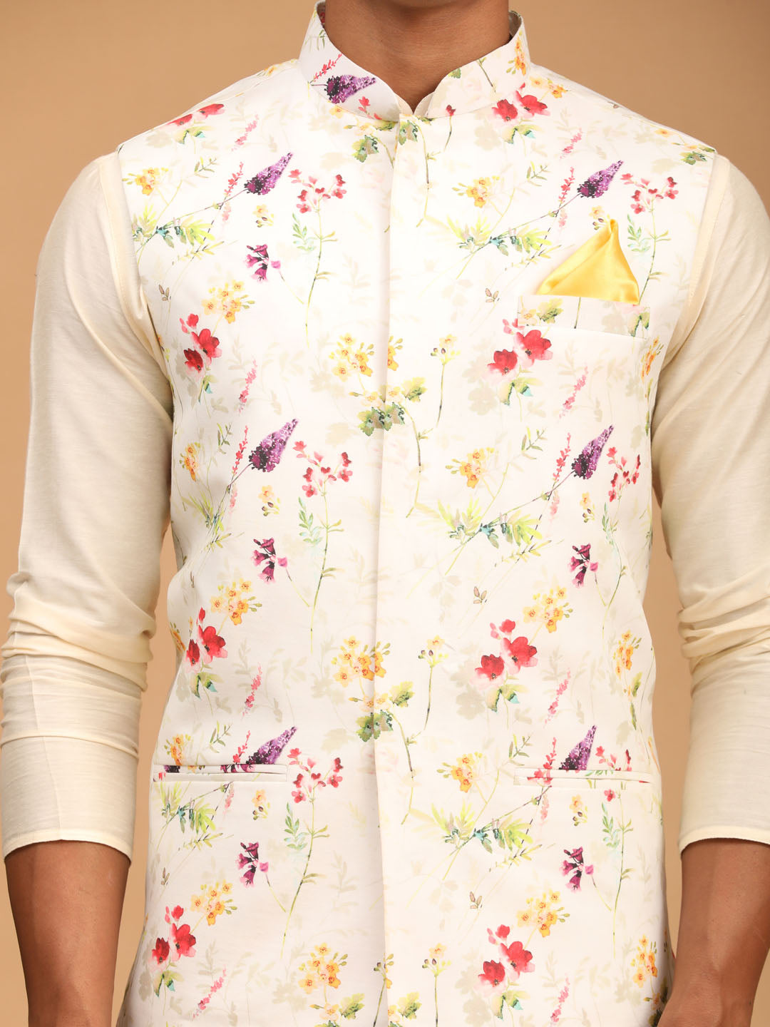 Men's Cream Viscose Jacket, Kurta and Pyjama Set