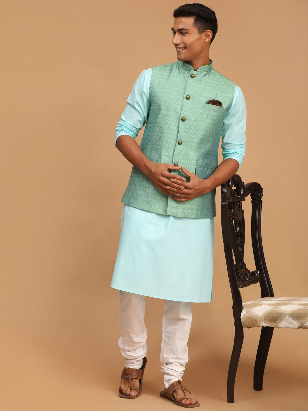 Men's Aqua, Green And White Cotton Blend Jacket, Kurta and Pyjama Set