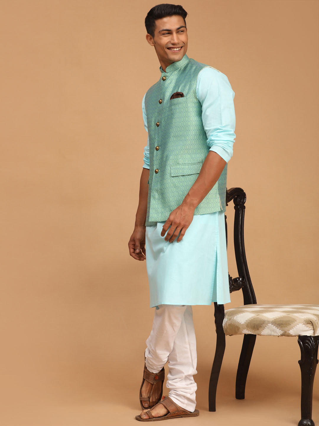 Men's Aqua, Green And White Cotton Blend Jacket, Kurta and Pyjama Set