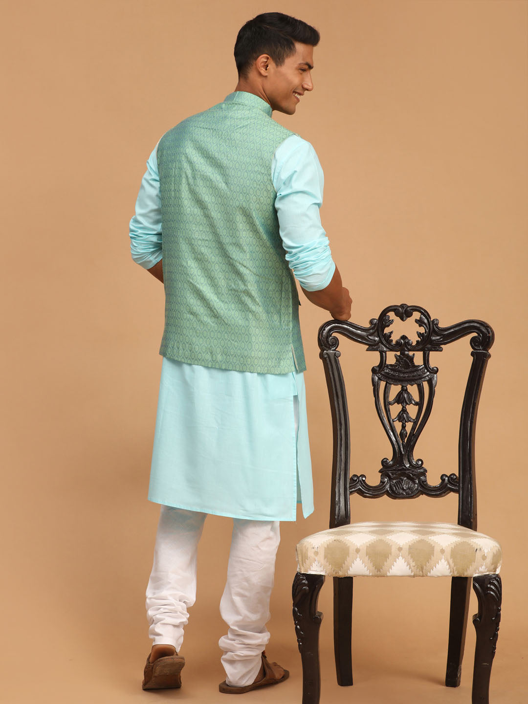 Men's Aqua, Green And White Cotton Blend Jacket, Kurta and Pyjama Set