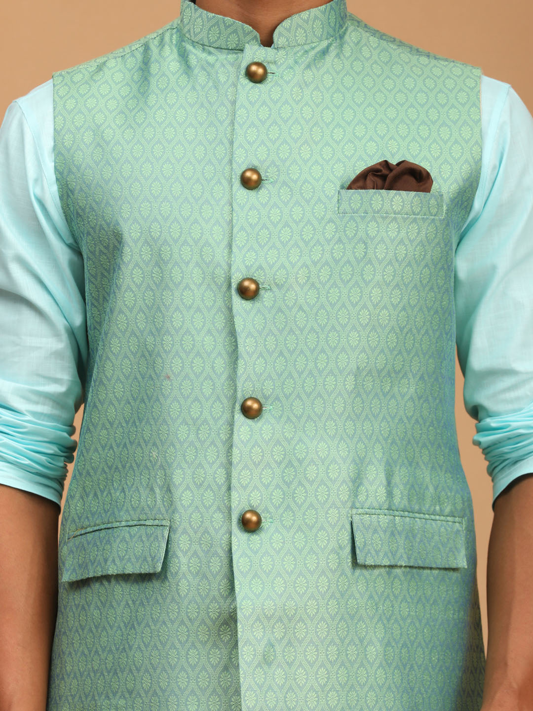 Men's Aqua, Green And White Cotton Blend Jacket, Kurta and Pyjama Set