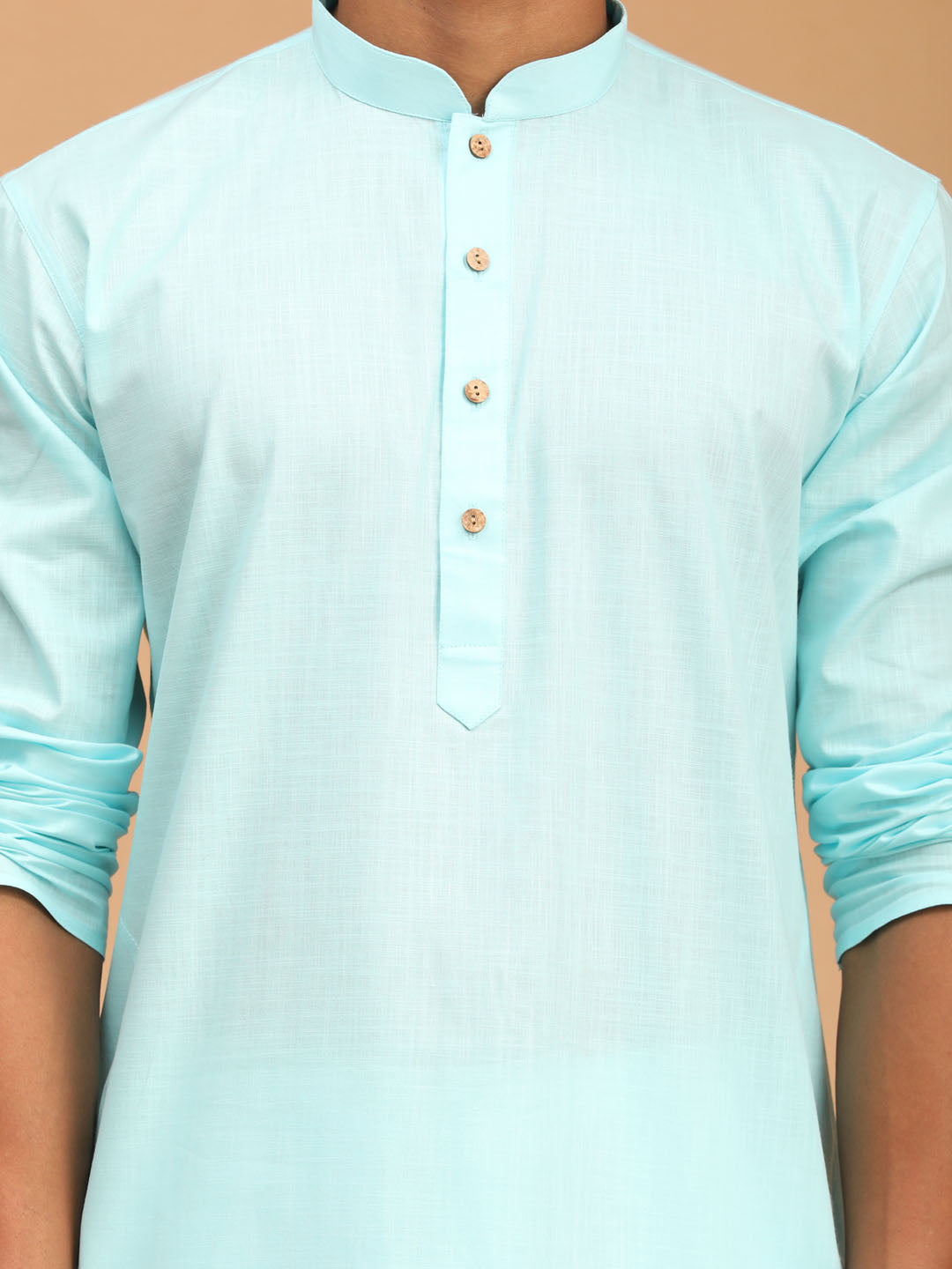 Men's Aqua, Green And White Cotton Blend Jacket, Kurta and Pyjama Set