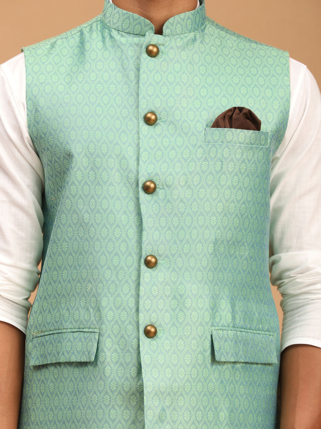 Men's Green And White Cotton Blend Jacket, Kurta and Pyjama Set