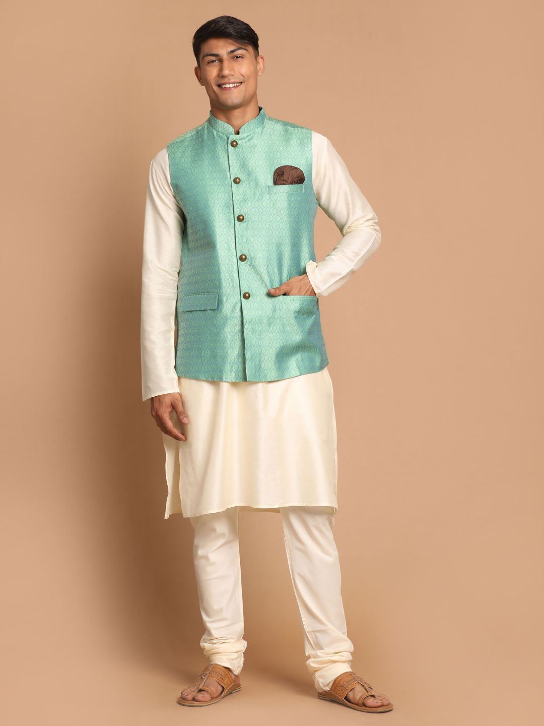 Men's Green And Cream Viscose Jacket, Kurta and Pyjama Set