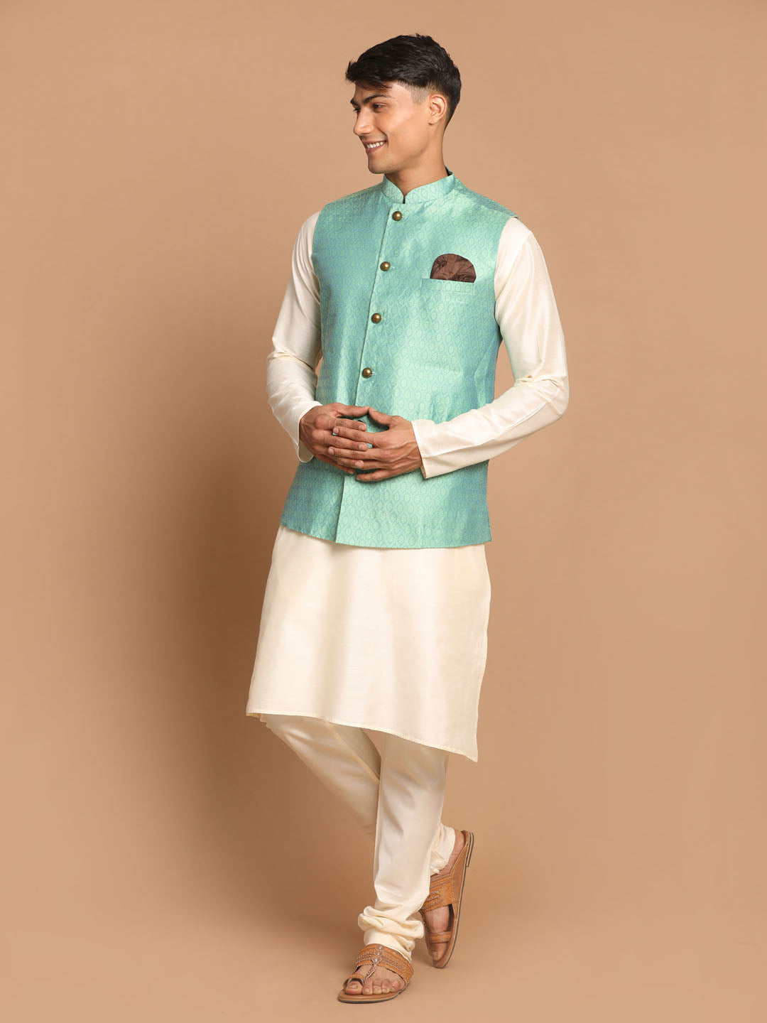 Men's Green And Cream Viscose Jacket, Kurta and Pyjama Set