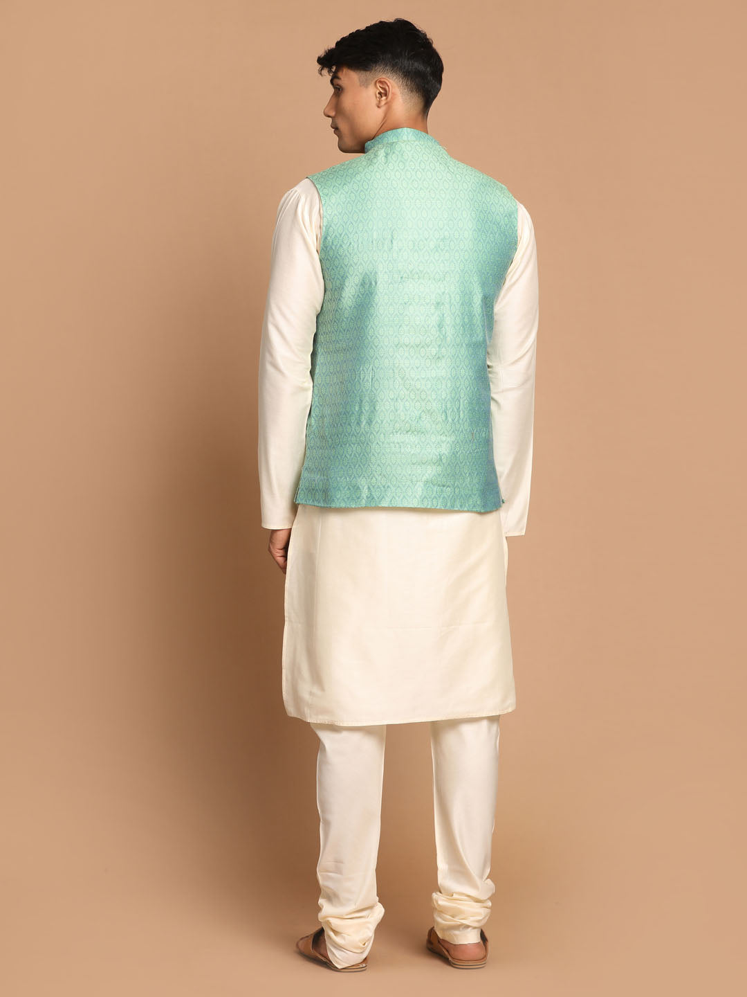 Men's Green And Cream Viscose Jacket, Kurta and Pyjama Set