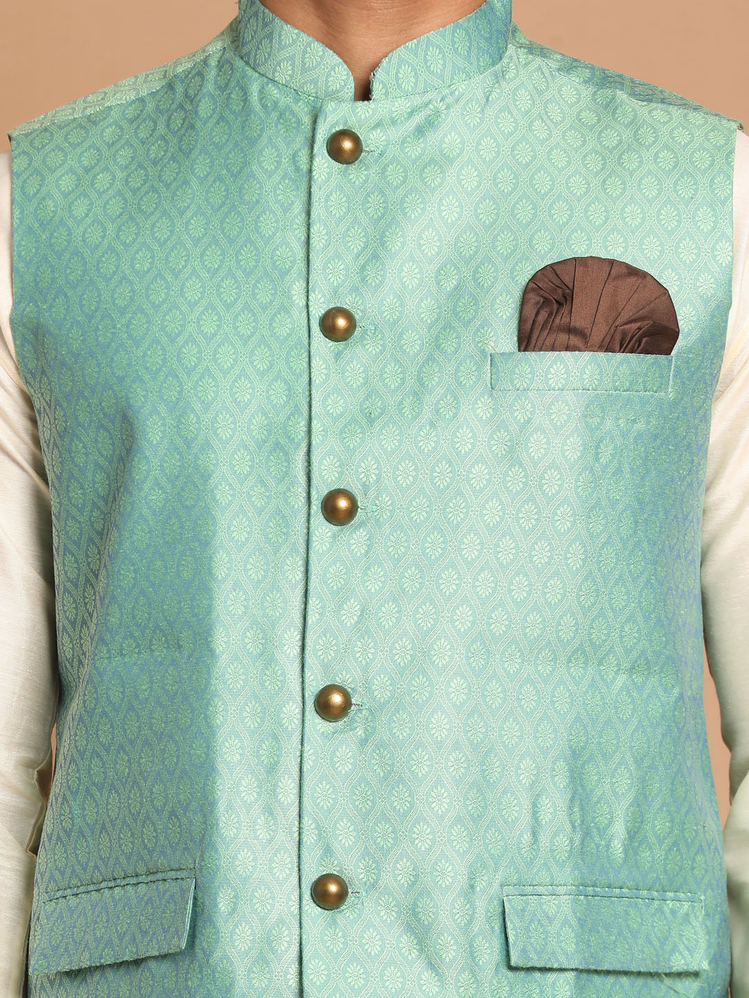 Men's Green And Cream Viscose Jacket, Kurta and Pyjama Set