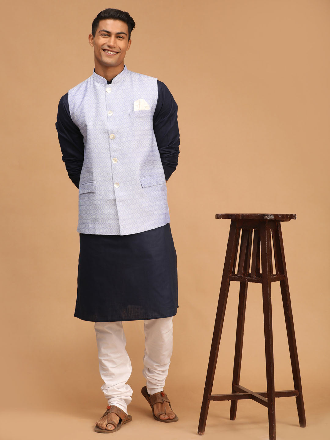 Men's Blue And White Cotton Blend Jacket, Kurta and Pyjama Set