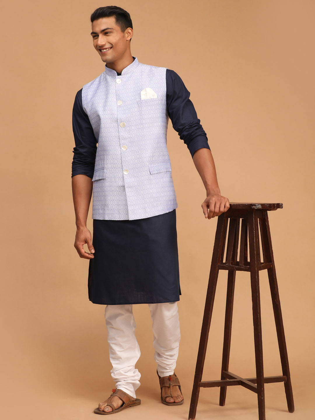 Men's Blue And White Cotton Blend Jacket, Kurta and Pyjama Set