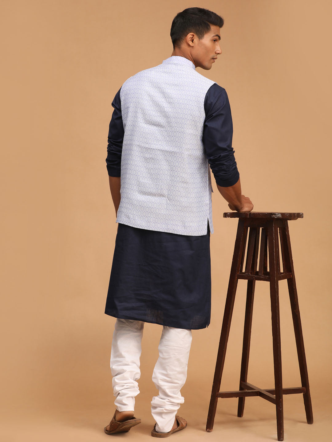 Men's Blue And White Cotton Blend Jacket, Kurta and Pyjama Set