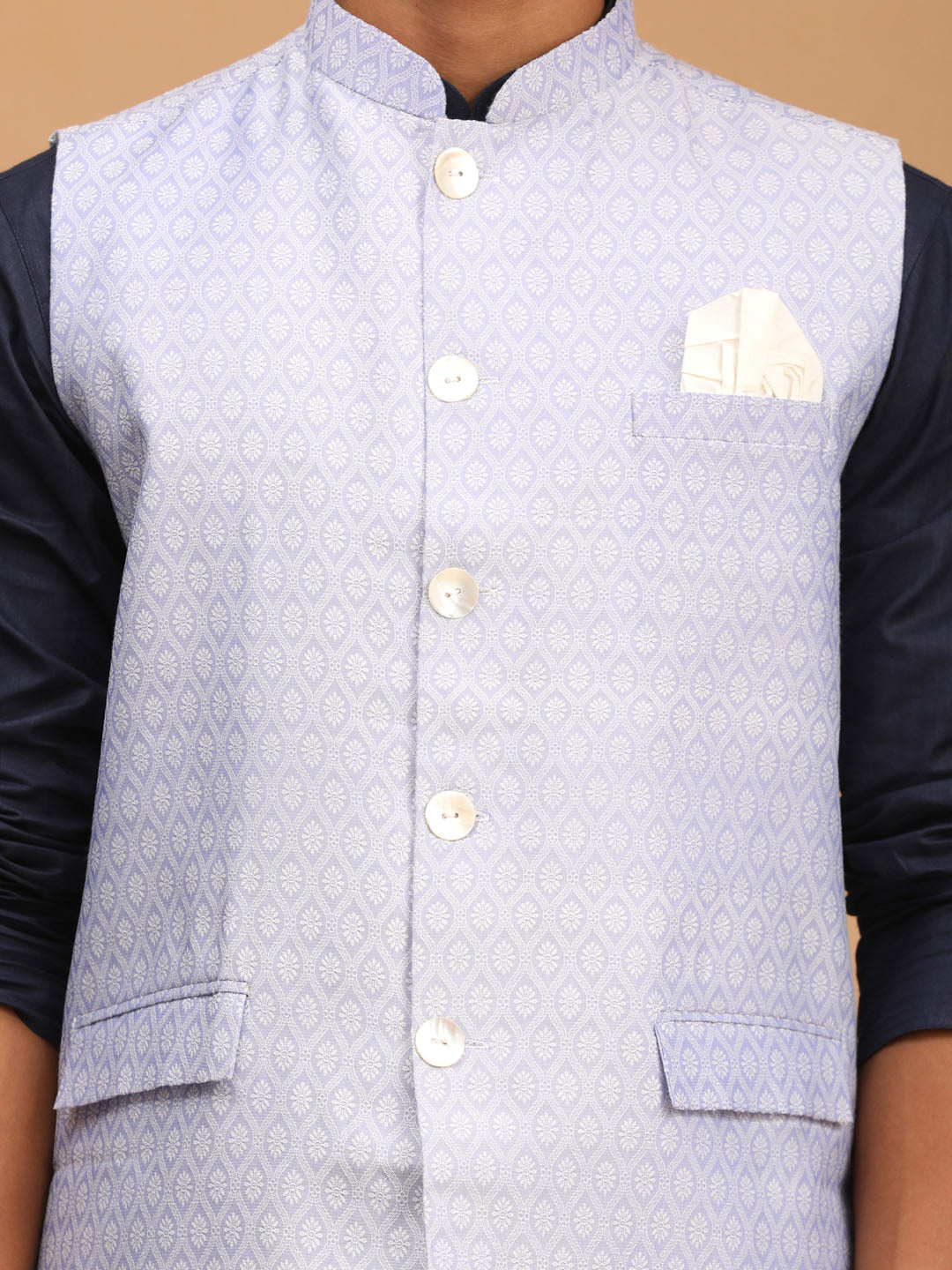 Men's Blue And White Cotton Blend Jacket, Kurta and Pyjama Set