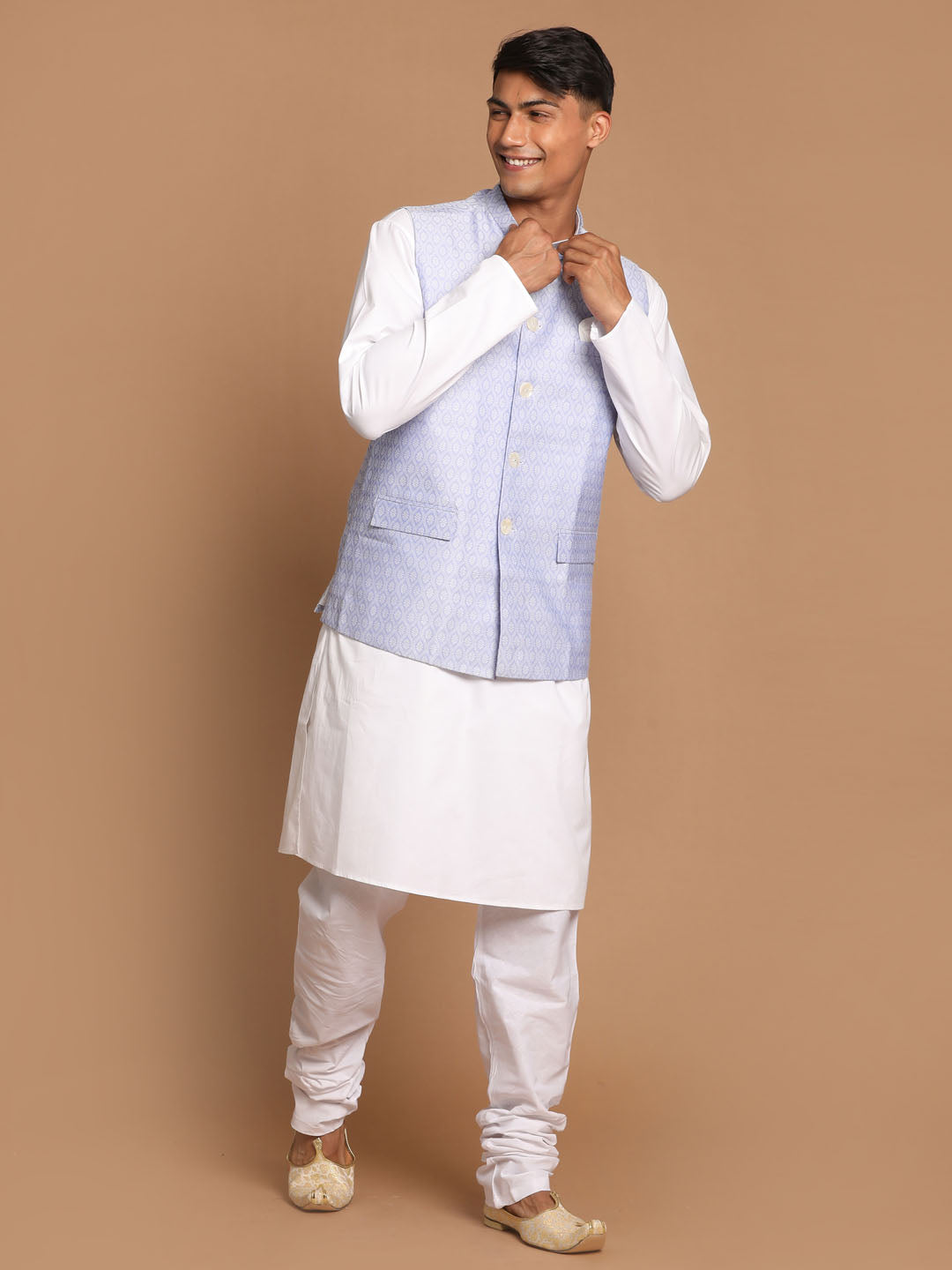 Men's Blue And White Pure Cotton Jacket, Kurta and Pyjama Set