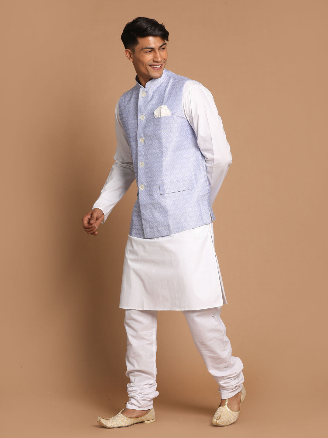 Men's Blue And White Pure Cotton Jacket, Kurta and Pyjama Set