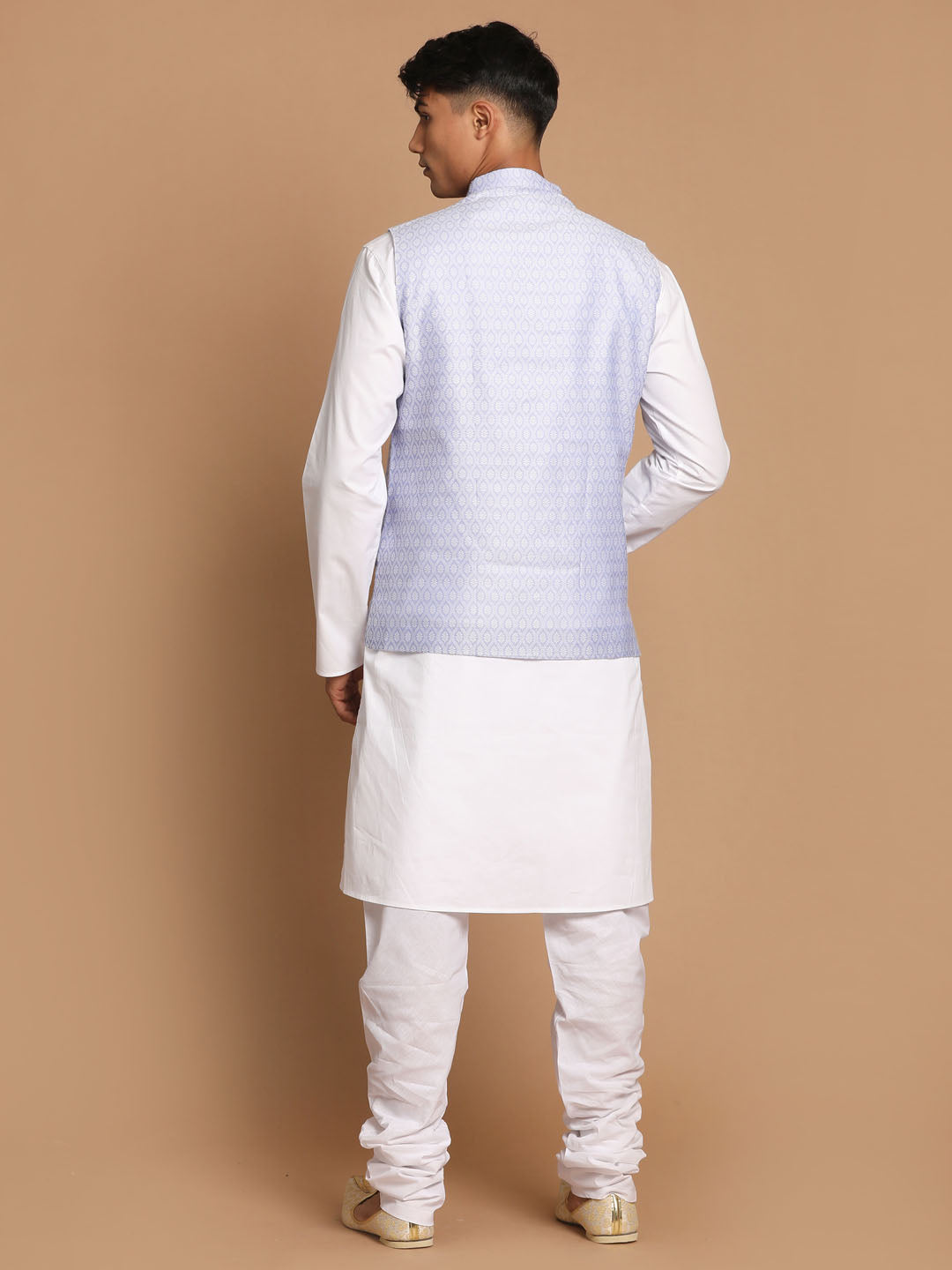 Men's Blue And White Pure Cotton Jacket, Kurta and Pyjama Set