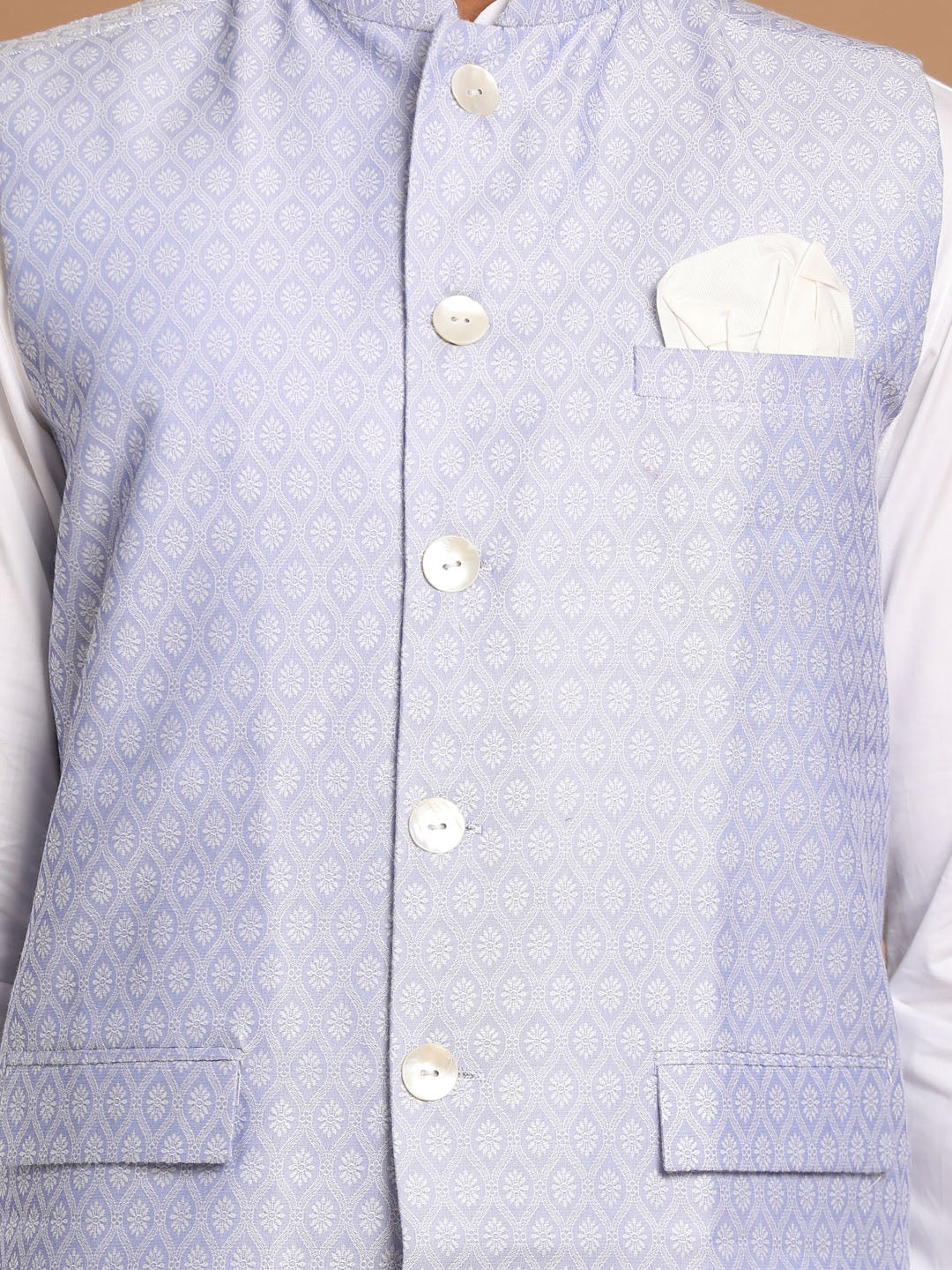 Men's Blue And White Pure Cotton Jacket, Kurta and Pyjama Set