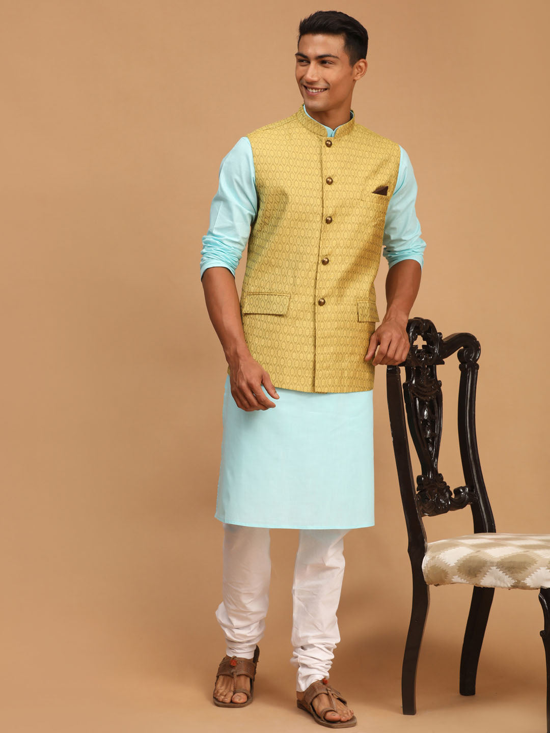 Men's Aqua, Yellow And White Cotton Blend Jacket, Kurta and Pyjama Set