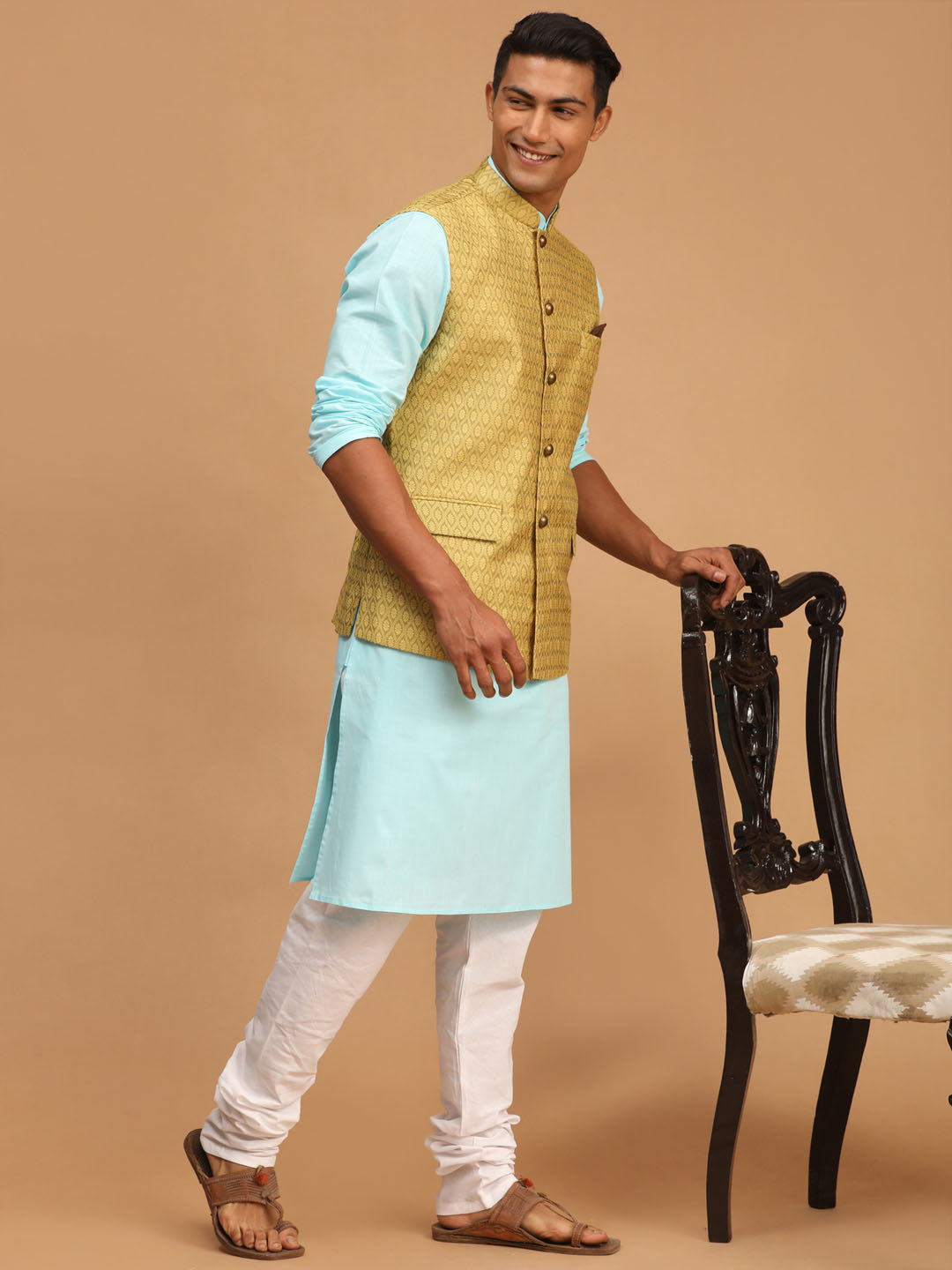 Men's Aqua, Yellow And White Cotton Blend Jacket, Kurta and Pyjama Set