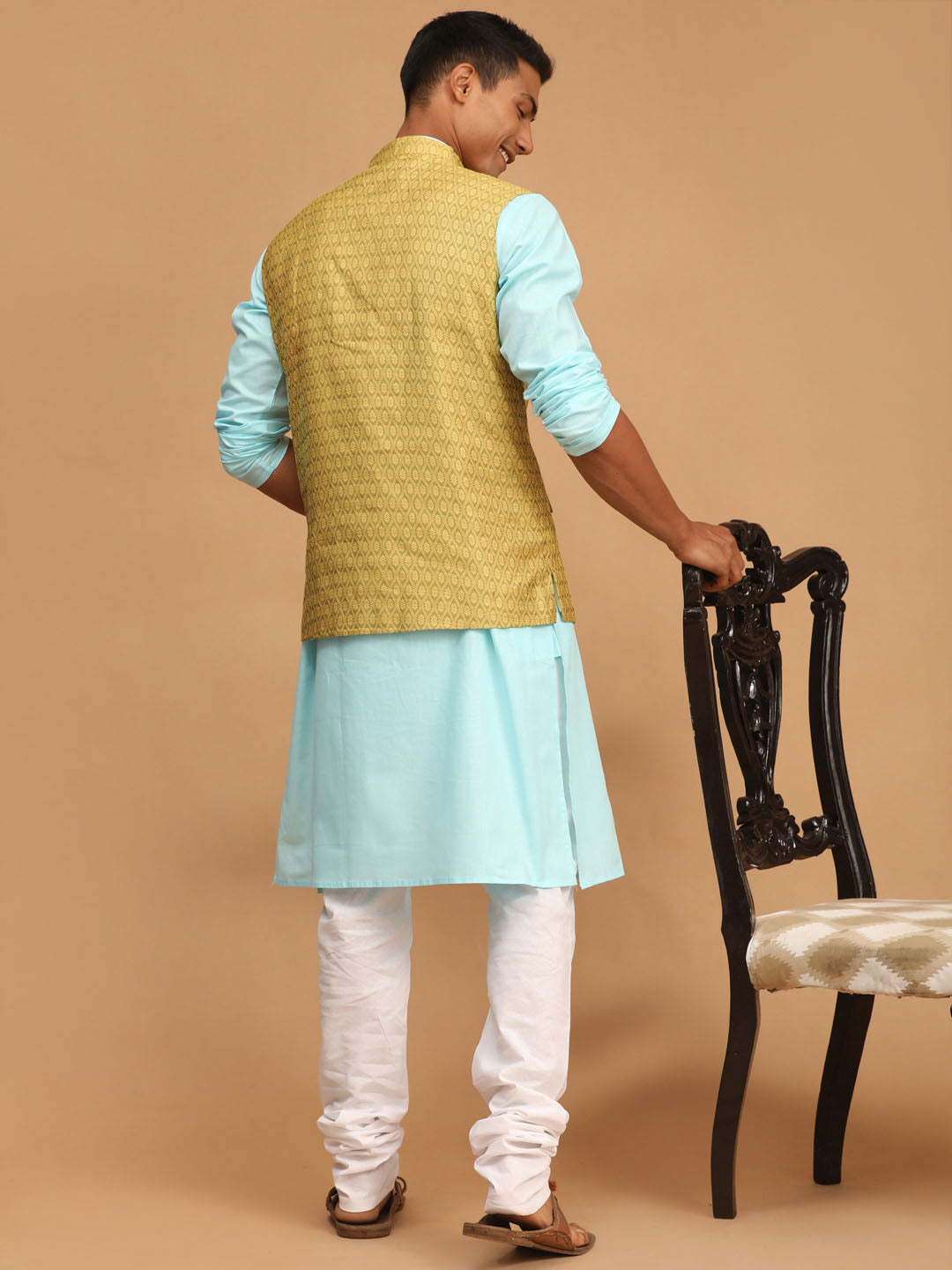 Men's Aqua, Yellow And White Cotton Blend Jacket, Kurta and Pyjama Set