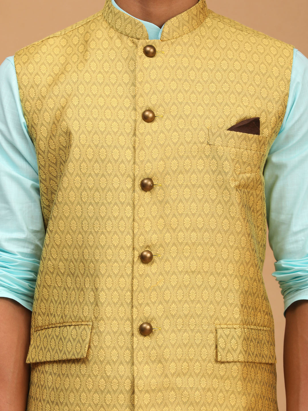 Men's Aqua, Yellow And White Cotton Blend Jacket, Kurta and Pyjama Set