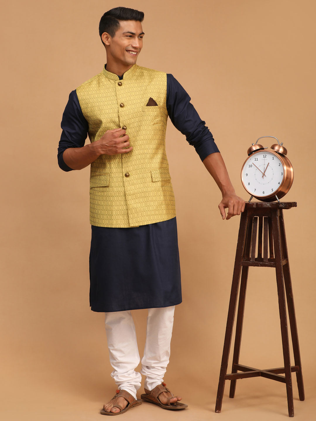 Men's Navy Blue, Yellow And White Cotton Blend Jacket, Kurta and Pyjama Set