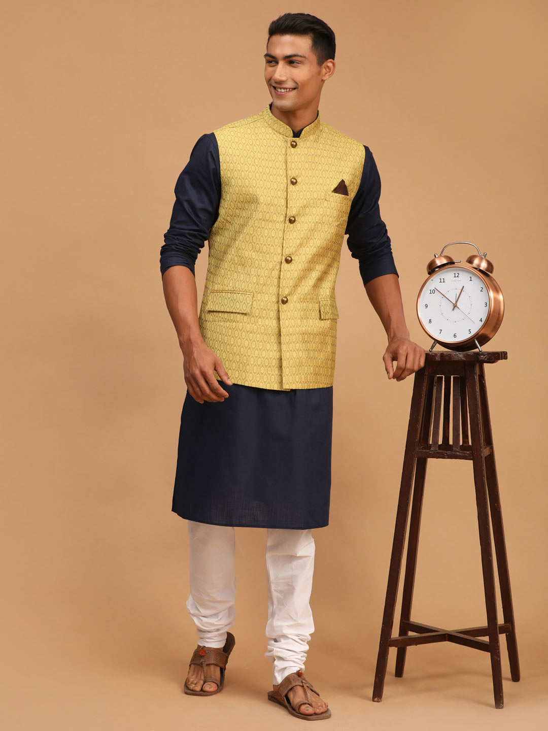 Men's Navy Blue, Yellow And White Cotton Blend Jacket, Kurta and Pyjama Set