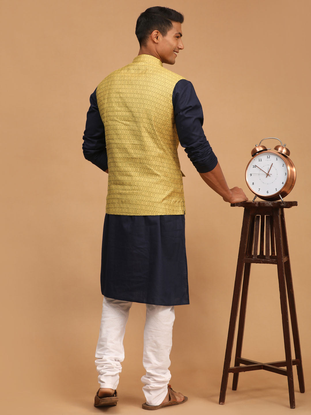 Men's Navy Blue, Yellow And White Cotton Blend Jacket, Kurta and Pyjama Set