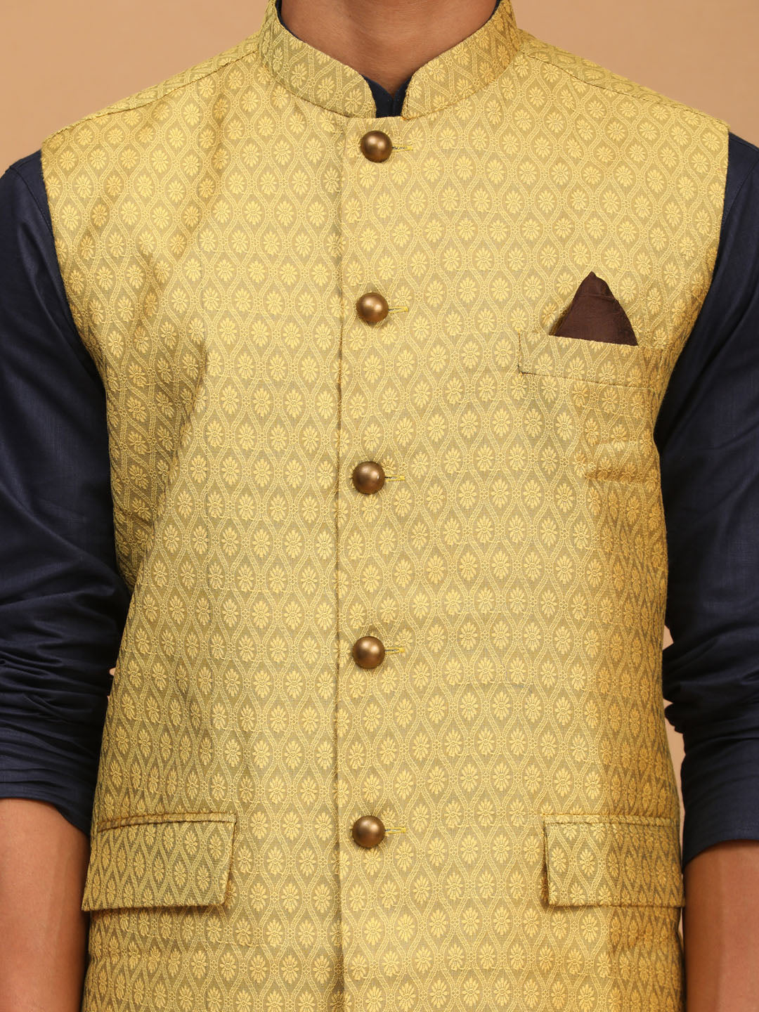 Men's Navy Blue, Yellow And White Cotton Blend Jacket, Kurta and Pyjama Set