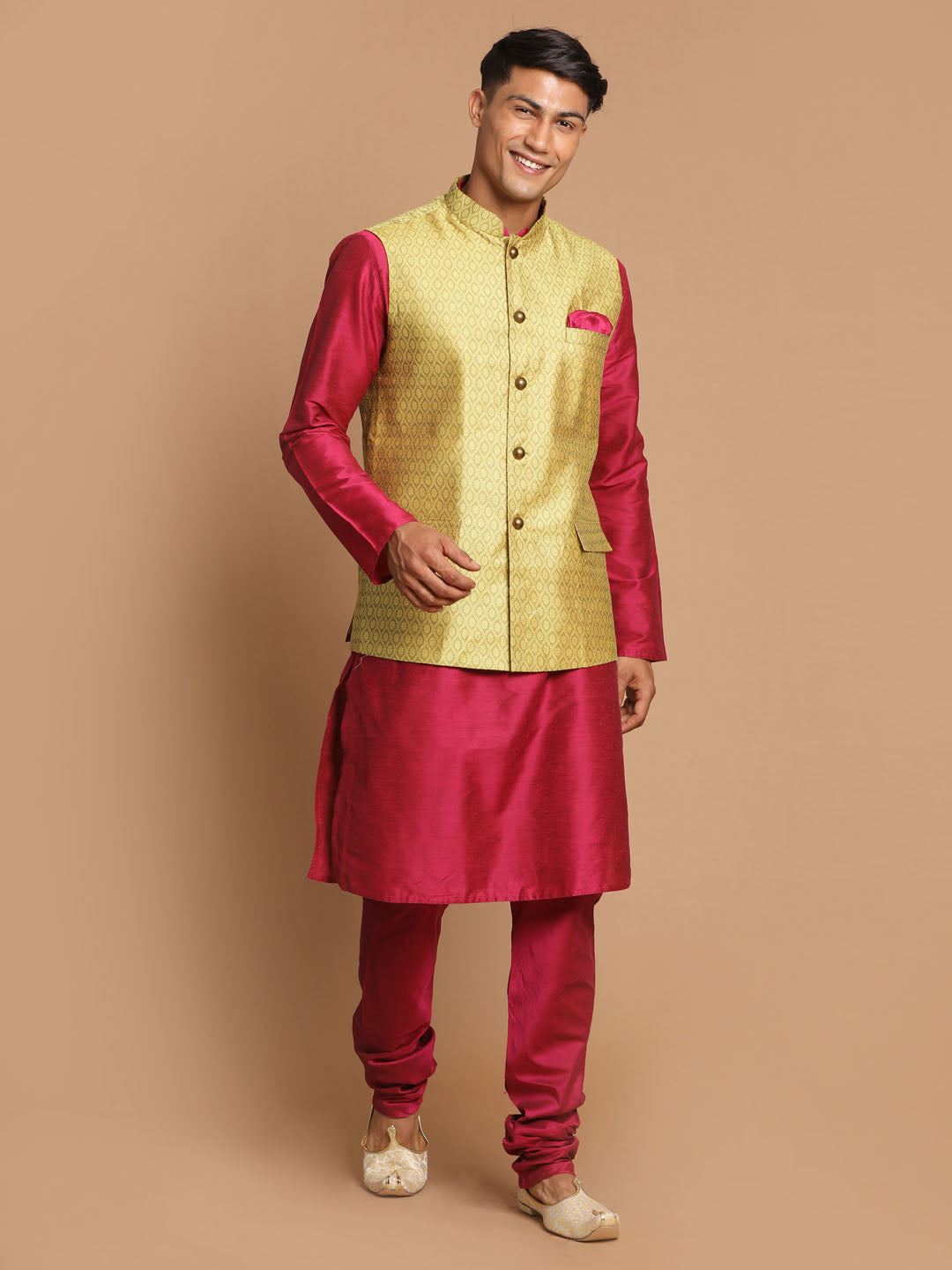 Men's Yellow And Pink Viscose Jacket, Kurta and Pyjama Set