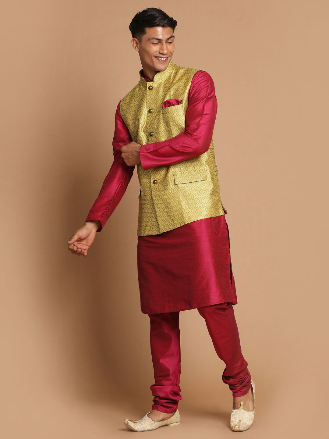 Men's Yellow And Pink Viscose Jacket, Kurta and Pyjama Set