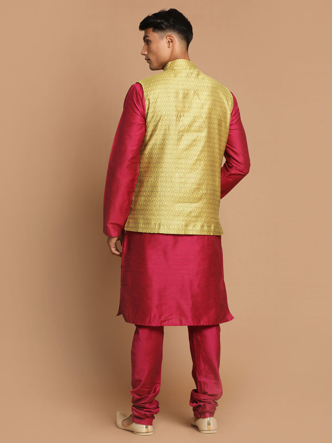 Men's Yellow And Pink Viscose Jacket, Kurta and Pyjama Set