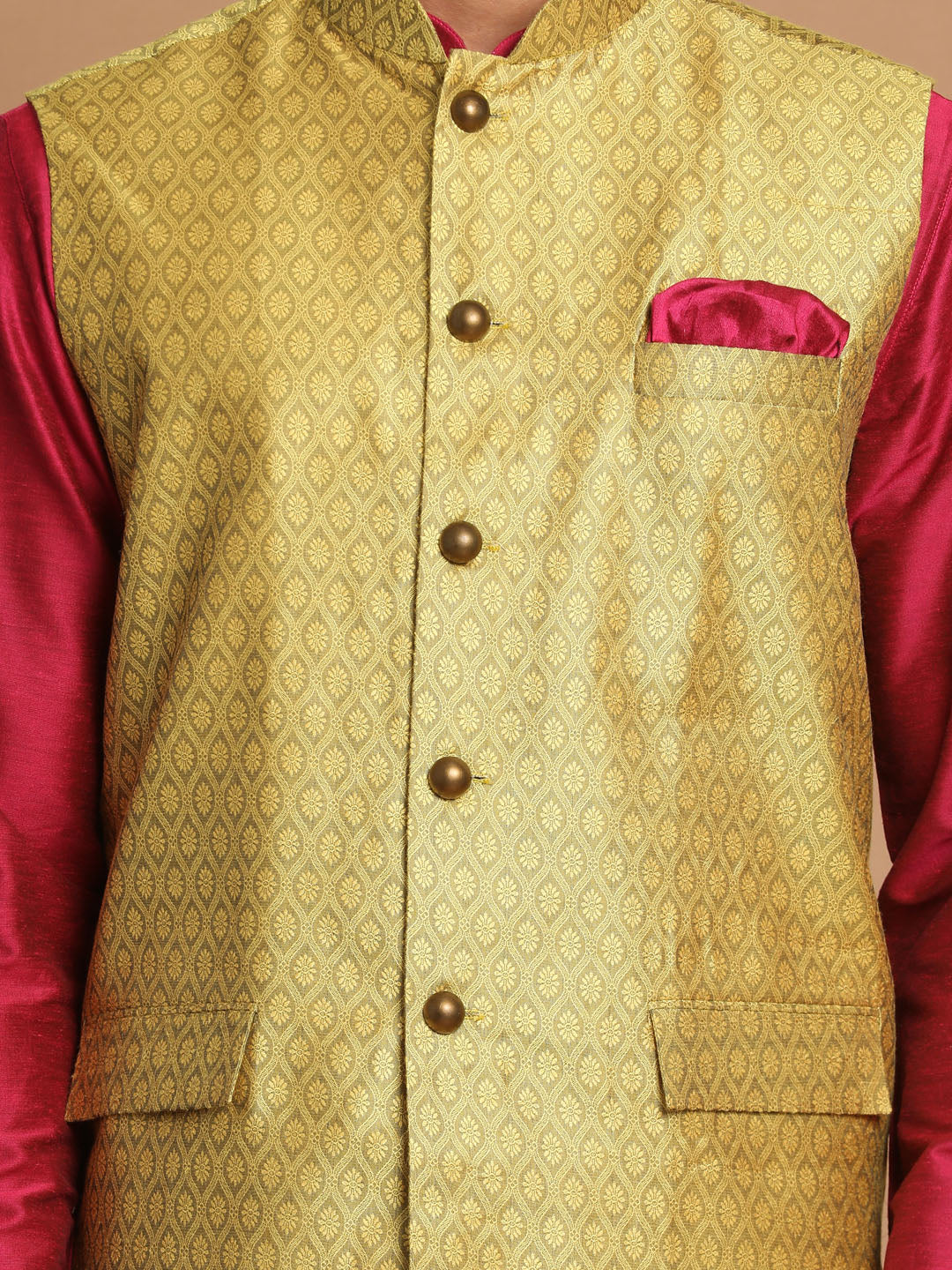 Men's Yellow And Pink Viscose Jacket, Kurta and Pyjama Set