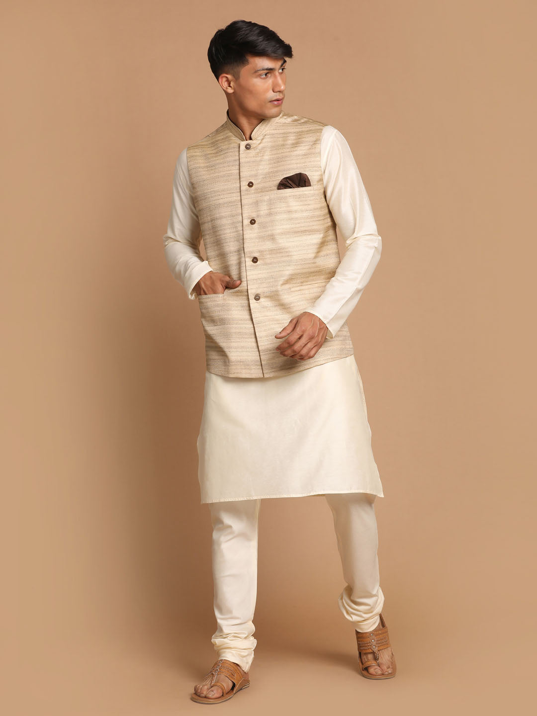 Men's Beige And Cream Viscose Jacket, Kurta and Pyjama Set