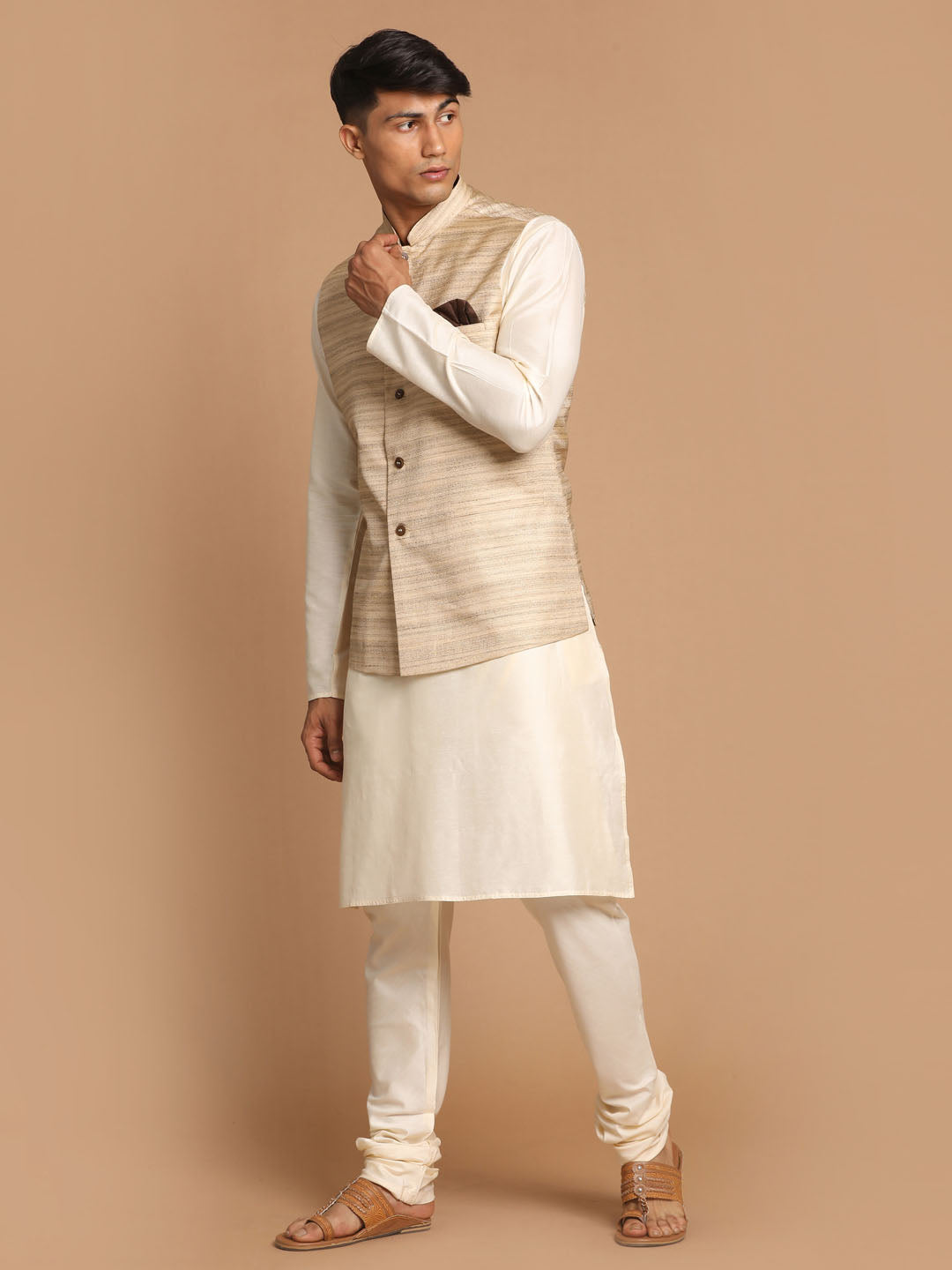 Men's Beige And Cream Viscose Jacket, Kurta and Pyjama Set