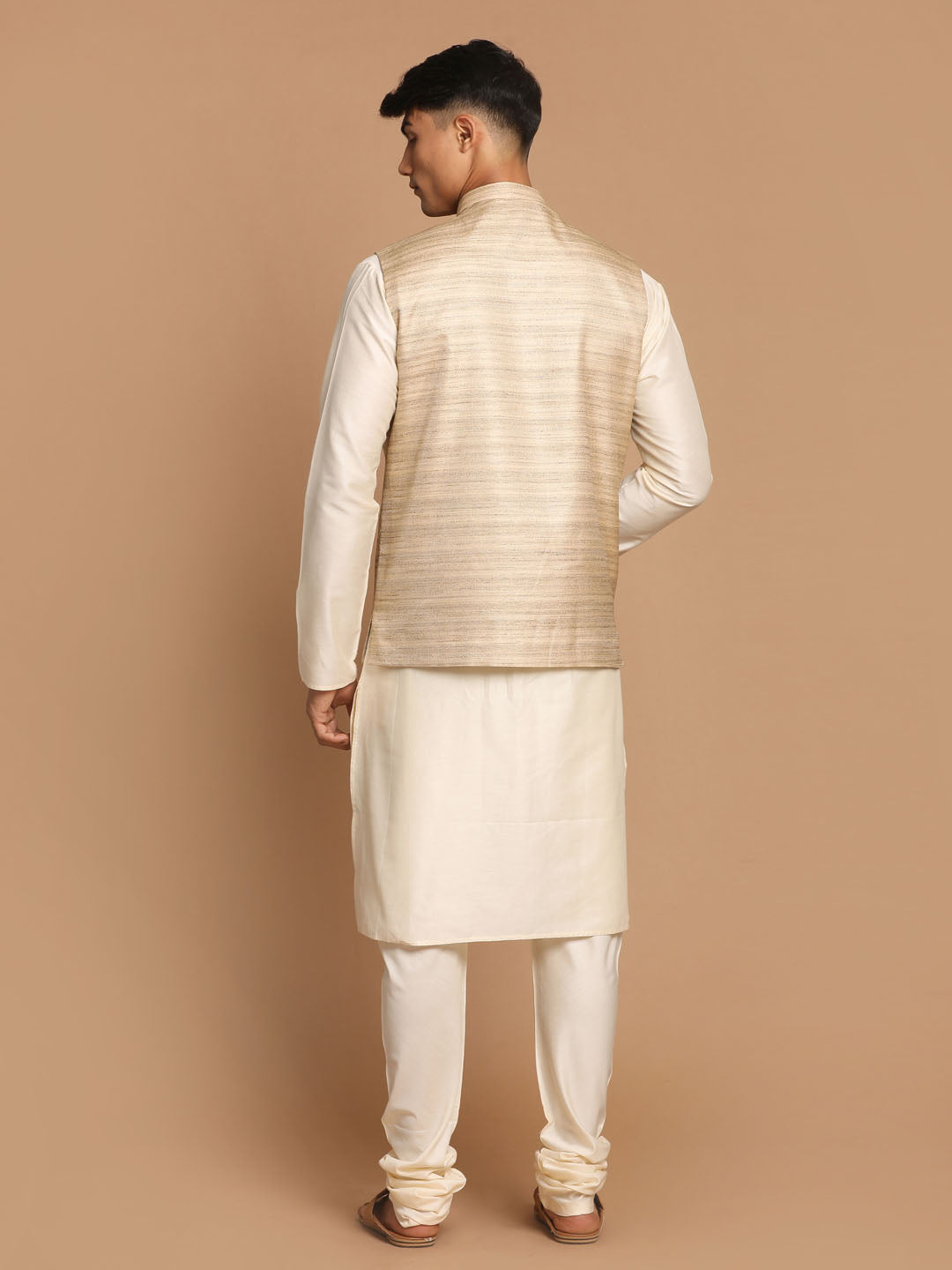 Men's Beige And Cream Viscose Jacket, Kurta and Pyjama Set