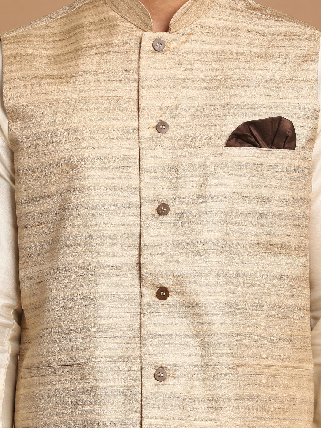 Men's Beige And Cream Viscose Jacket, Kurta and Pyjama Set