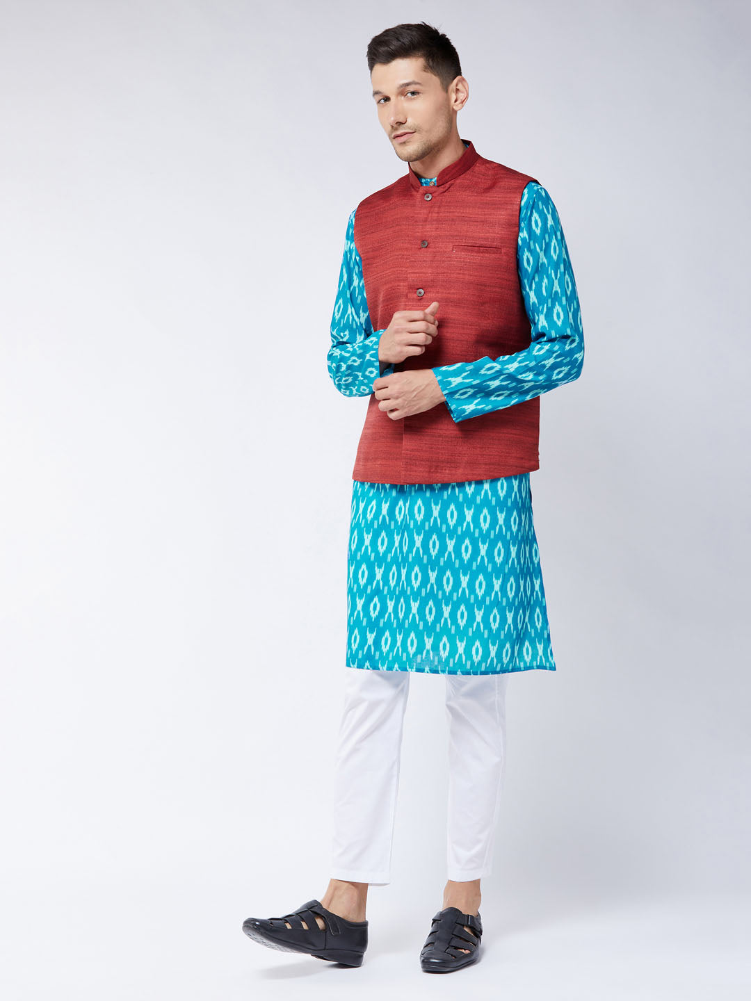 Men's Maroon, Turquoise And White Cotton Blend Jacket, Kurta and Pyjama Set