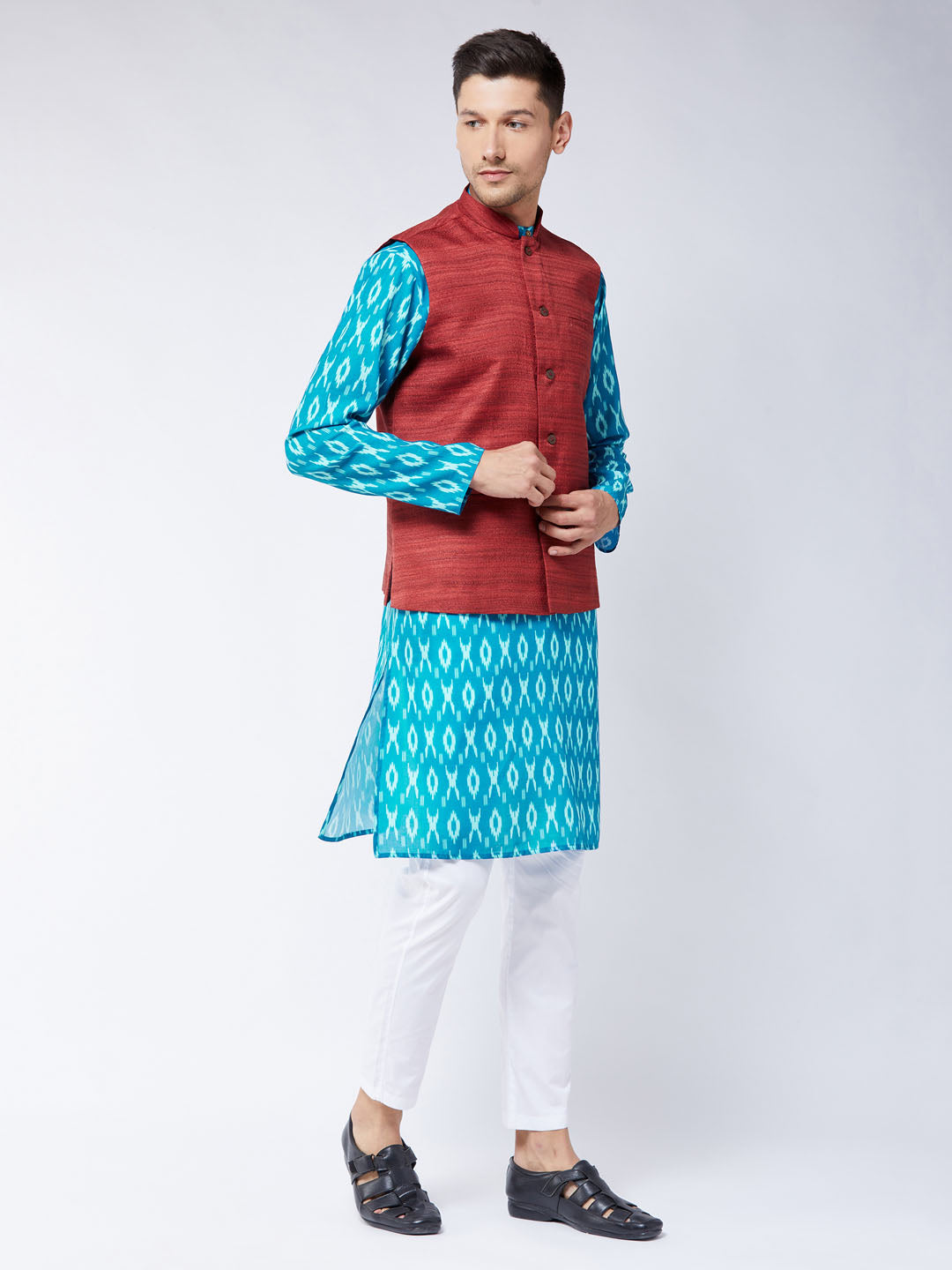 Men's Maroon, Turquoise And White Cotton Blend Jacket, Kurta and Pyjama Set