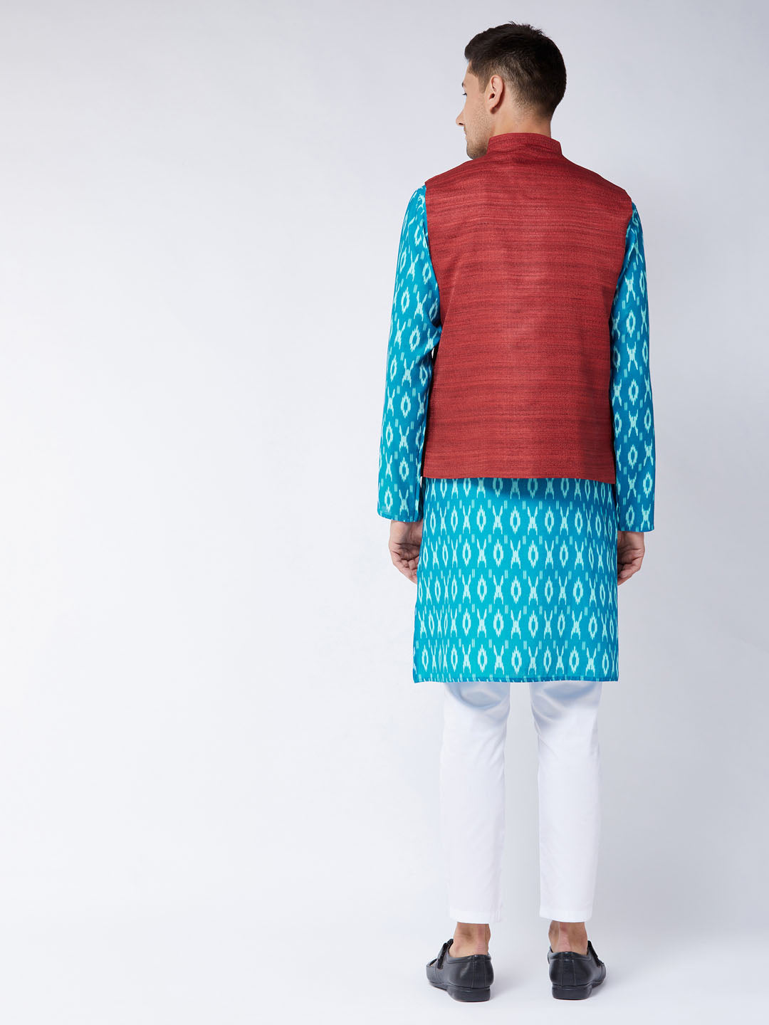 Men's Maroon, Turquoise And White Cotton Blend Jacket, Kurta and Pyjama Set