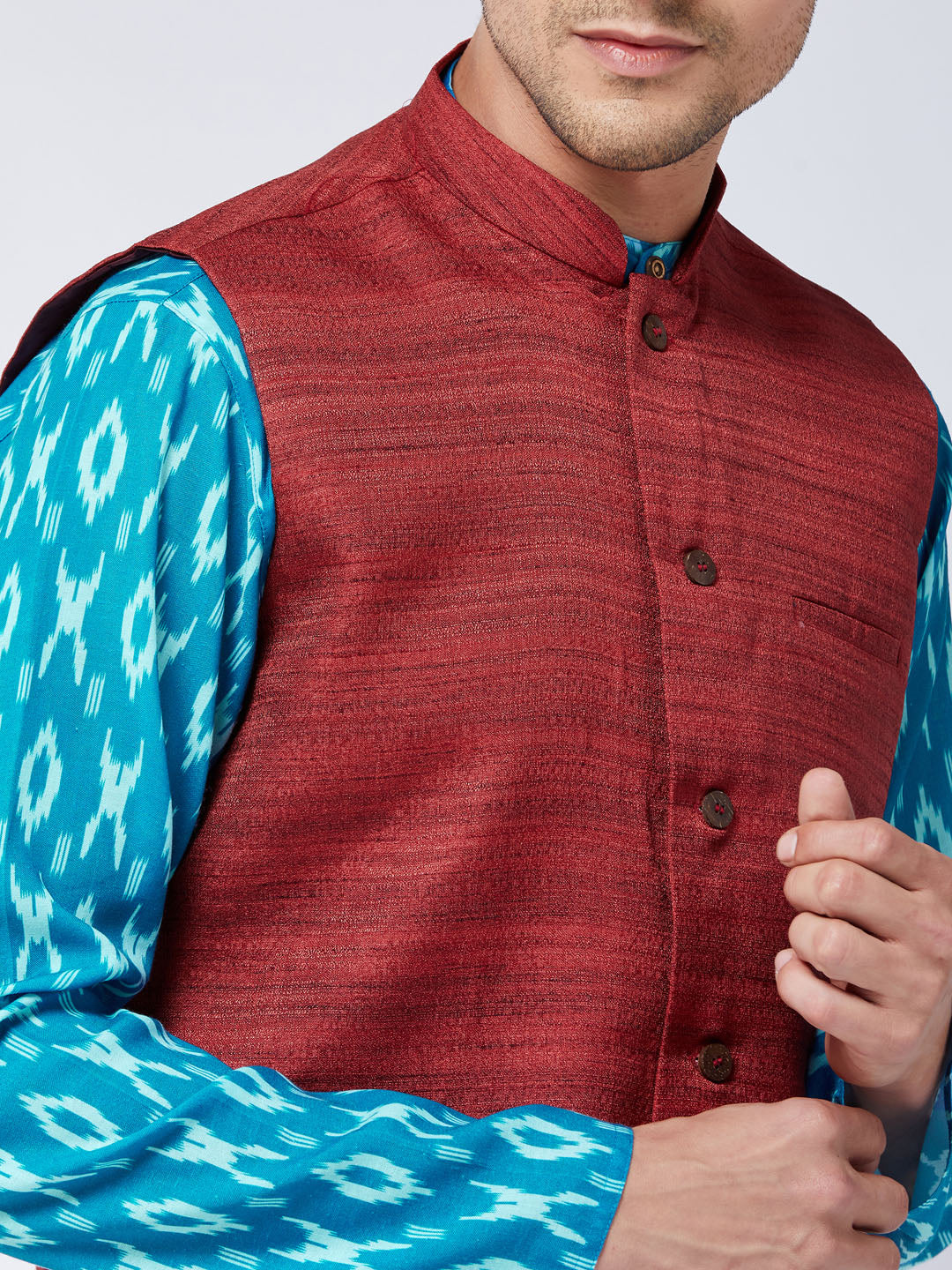 Men's Maroon, Turquoise And White Cotton Blend Jacket, Kurta and Pyjama Set