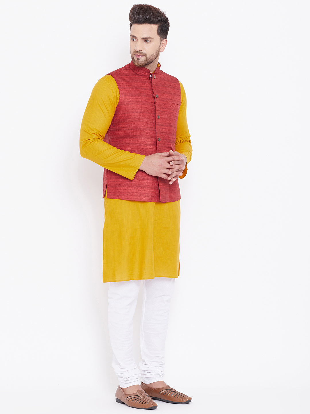 Men's Maroon, Mustard And White Cotton Blend Jacket, Kurta and Pyjama Set