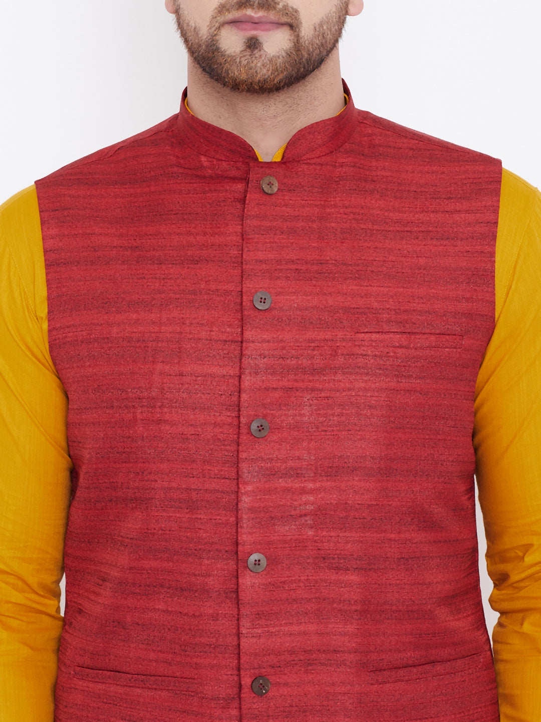 Men's Maroon, Mustard And White Cotton Blend Jacket, Kurta and Pyjama Set