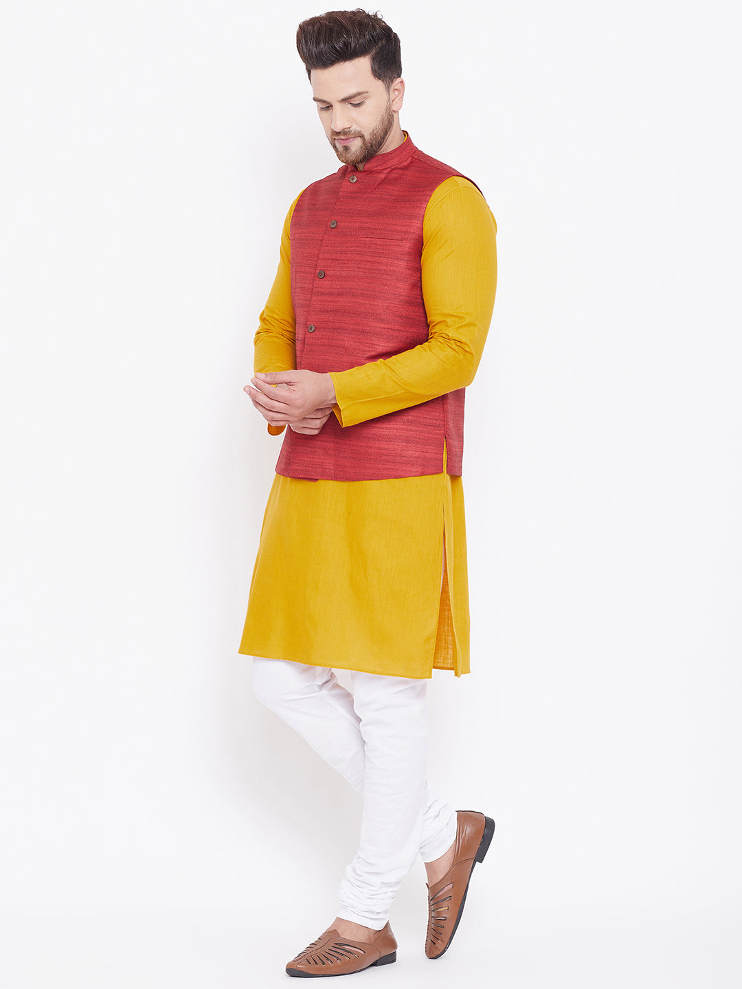 Men's Maroon, Mustard And White Cotton Blend Jacket, Kurta and Pyjama Set