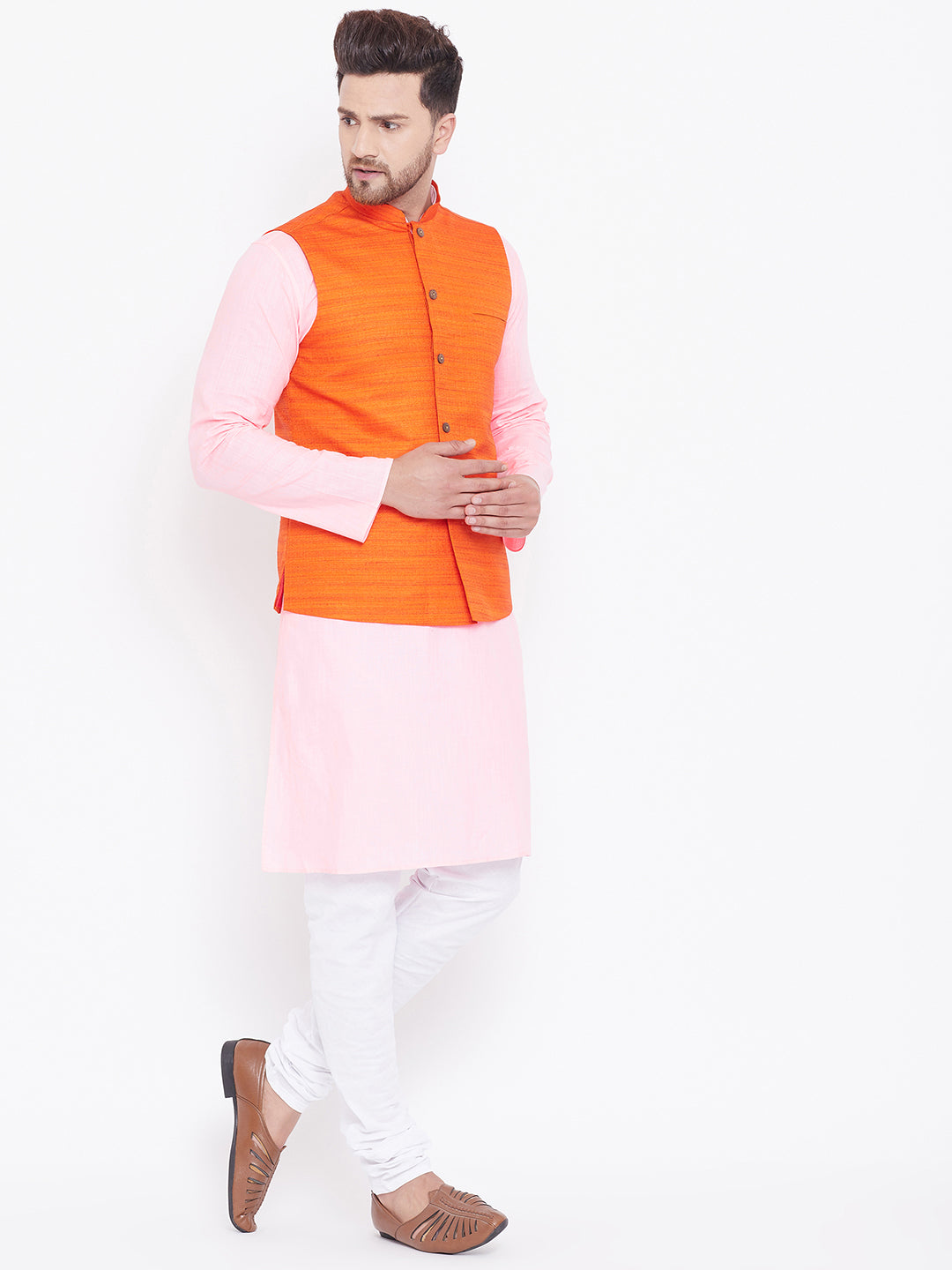 Men's Orange, Pink And White Cotton Blend Jacket, Kurta and Pyjama Set