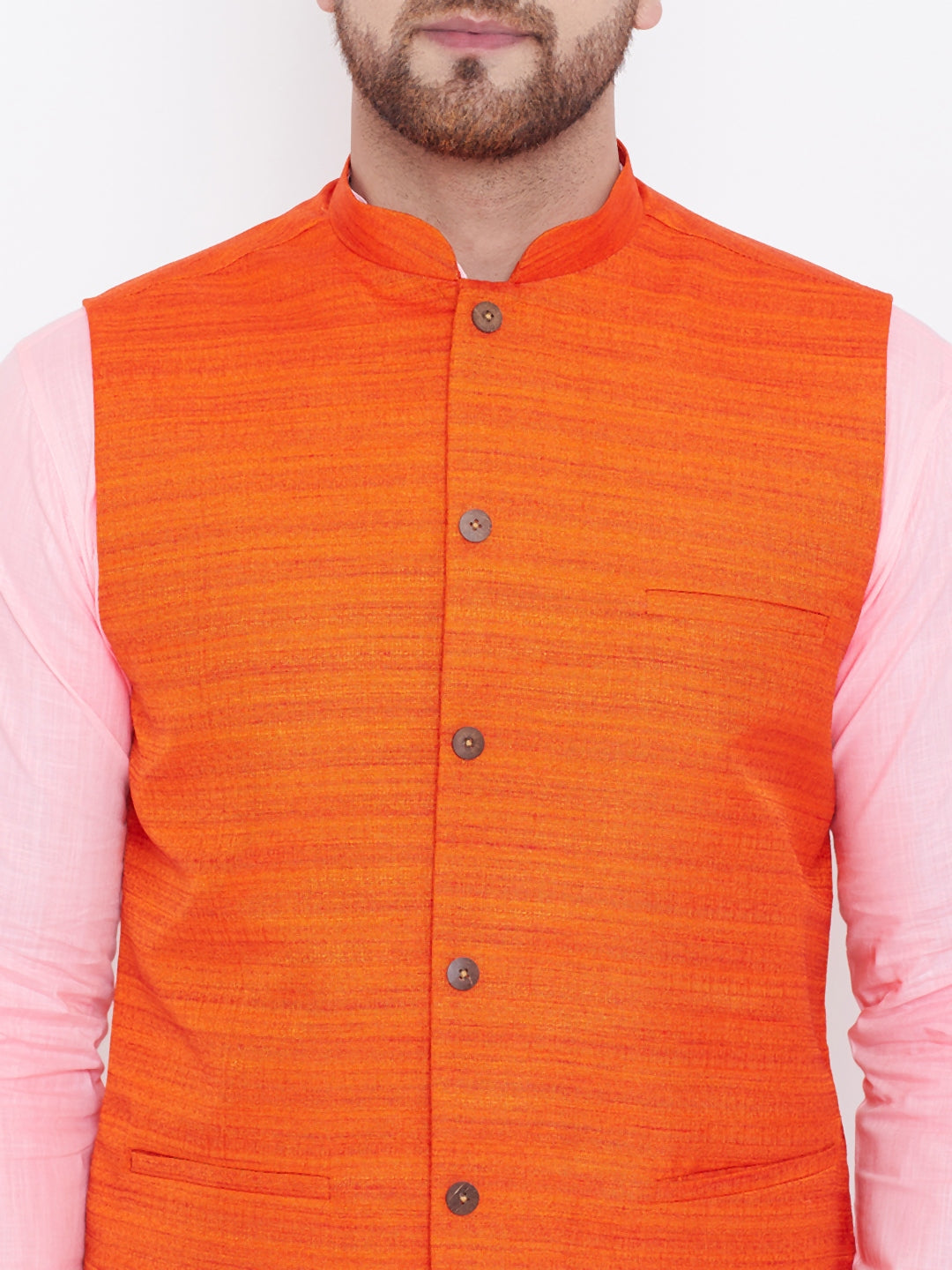 Men's Orange, Pink And White Cotton Blend Jacket, Kurta and Pyjama Set