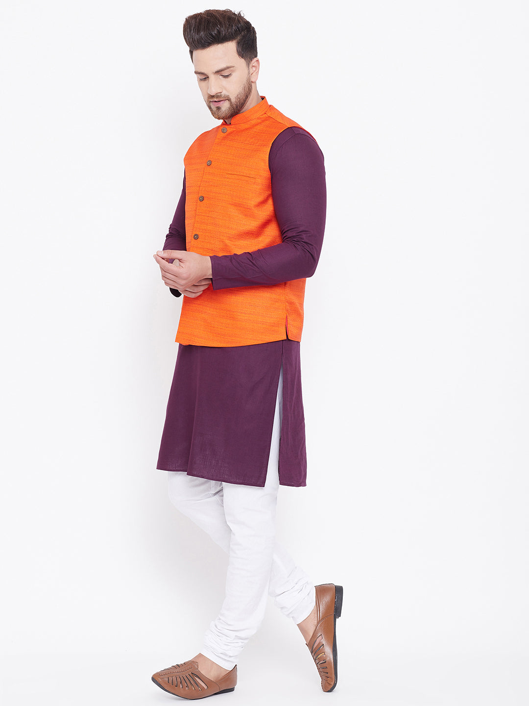 Men's Orange, Purple And White Cotton Blend Jacket, Kurta and Pyjama Set