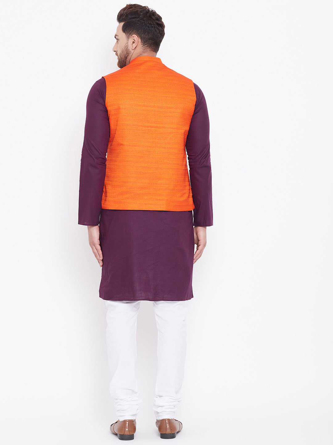 Men's Orange, Purple And White Cotton Blend Jacket, Kurta and Pyjama Set