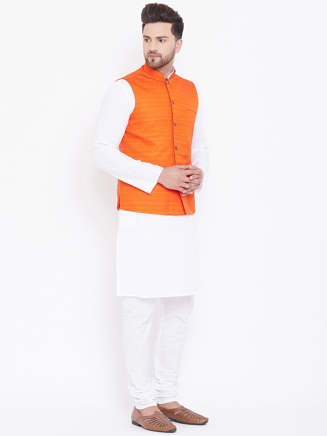 Men's Orange And White Cotton Blend Jacket, Kurta and Pyjama Set