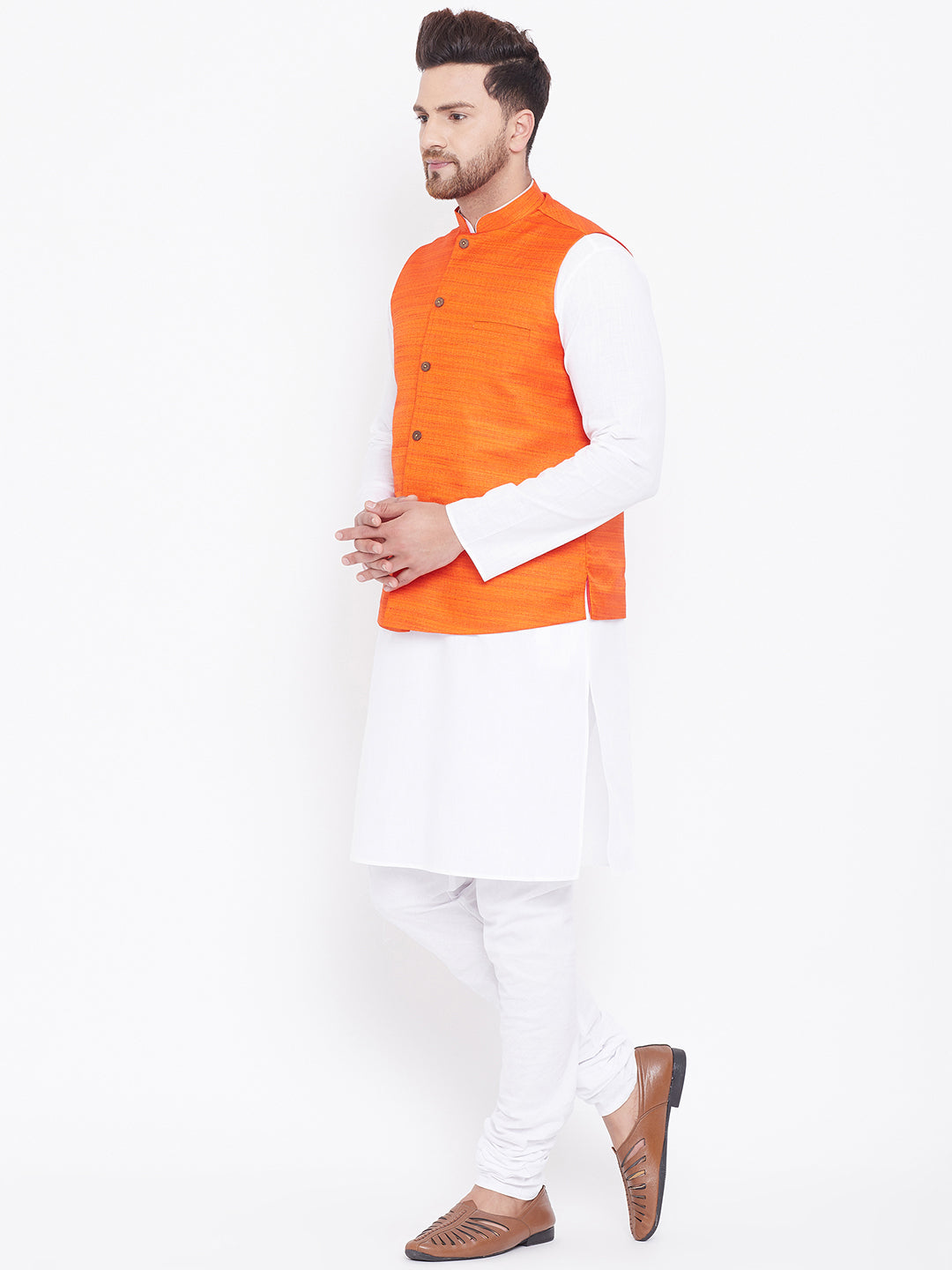 Men's Orange And White Cotton Blend Jacket, Kurta and Pyjama Set