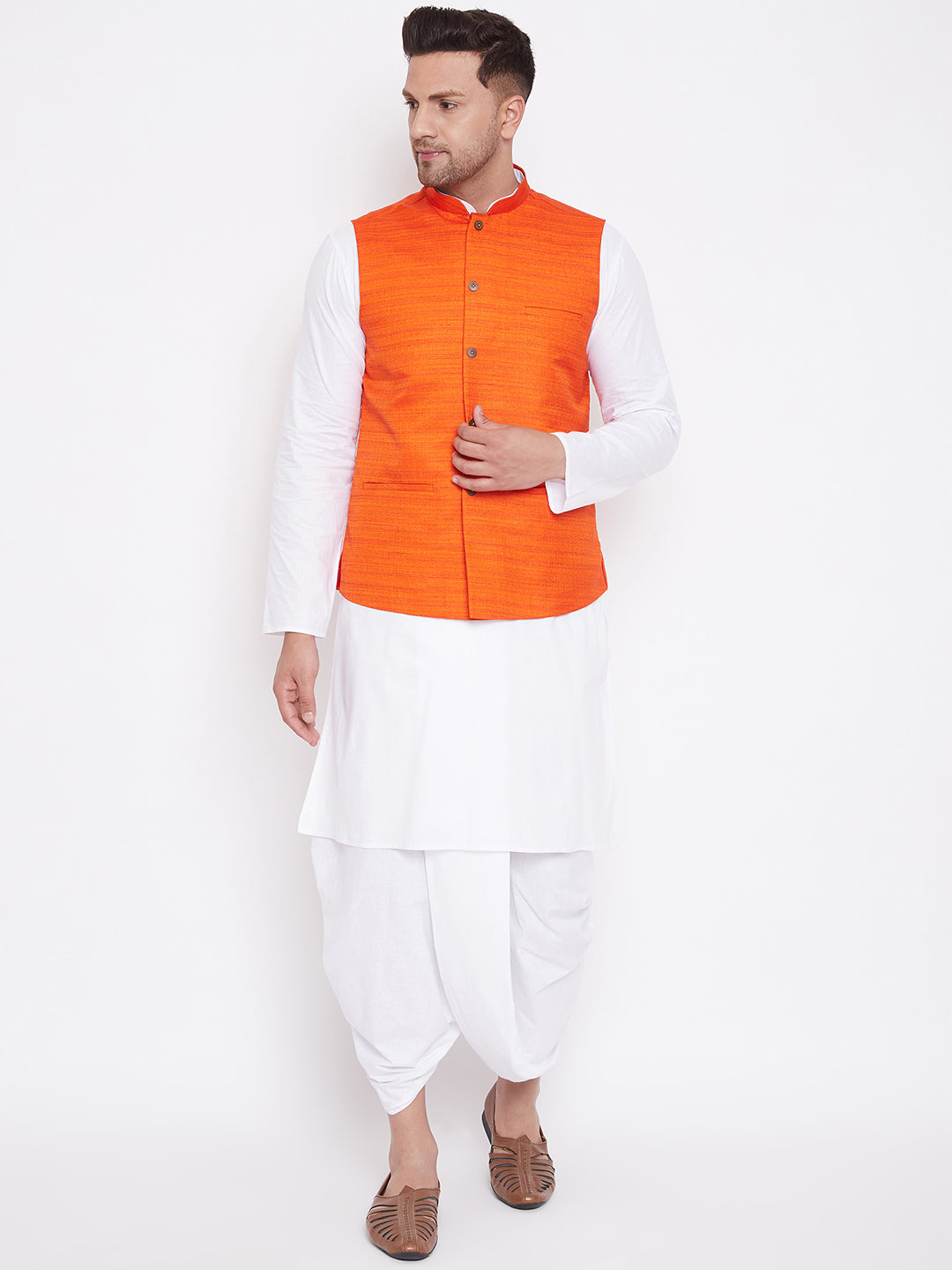 Men's Orange And White Cotton Blend Jacket, Kurta and Dhoti Set