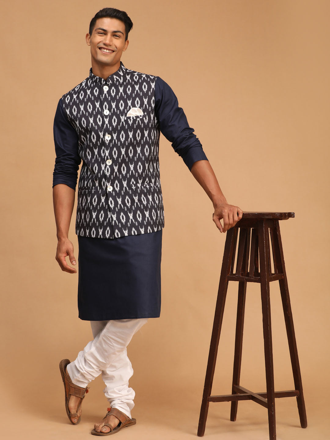 Men's Navy Blue, Black And White Cotton Blend Jacket, Kurta and Pyjama Set